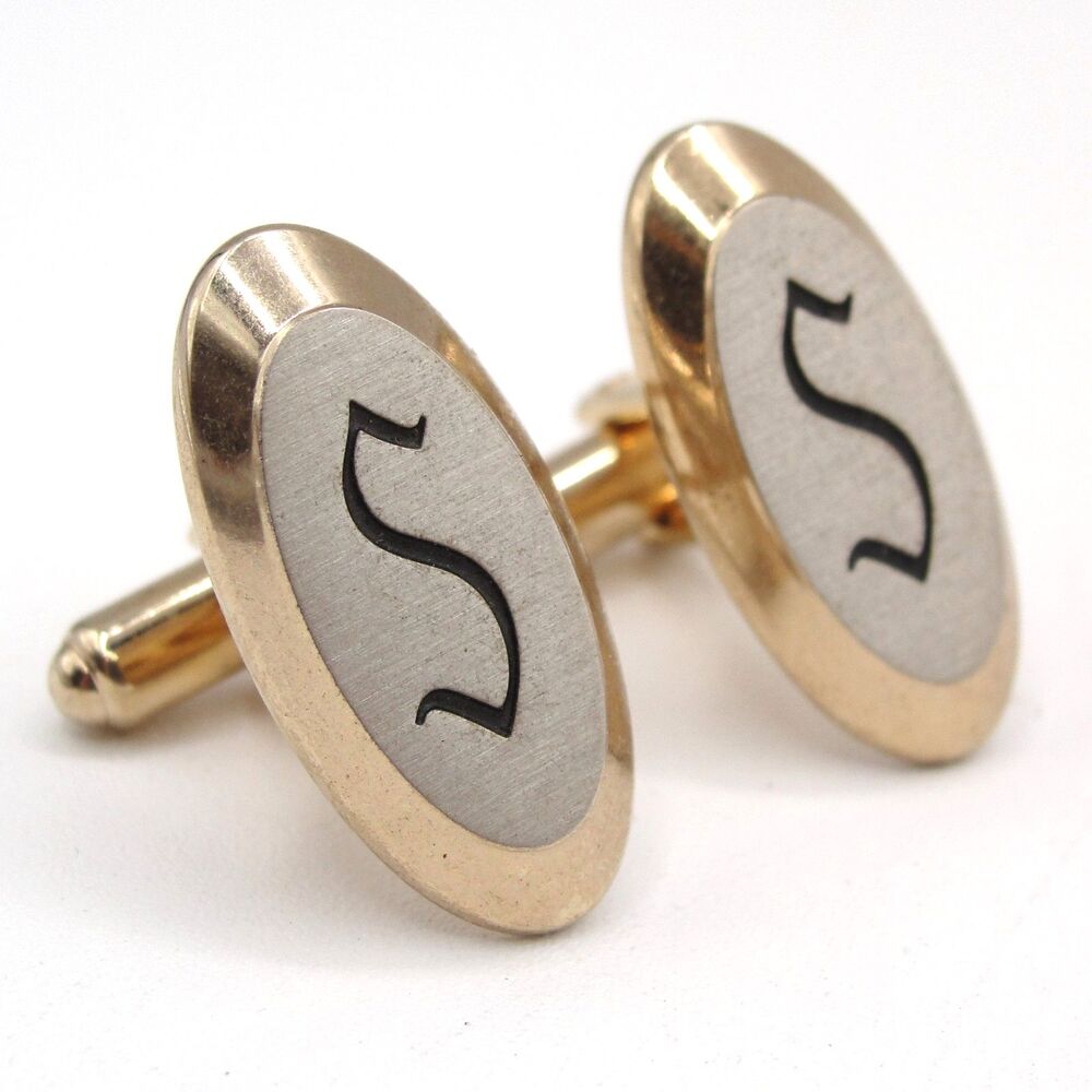 Vintage Hickok USA Gold Tone Initial S Monogram Cufflinks Oval Black Enamel MCM
